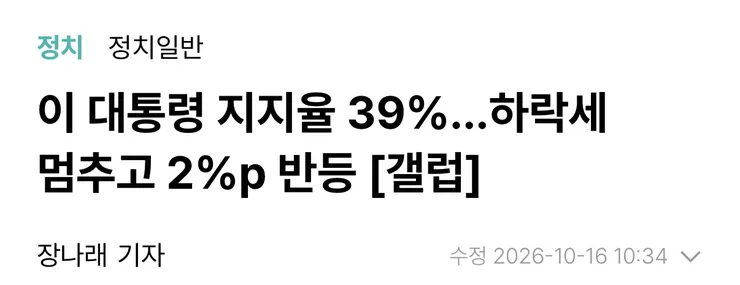 이재명 대통령 지지율 39% (갤럽) 이미지 1