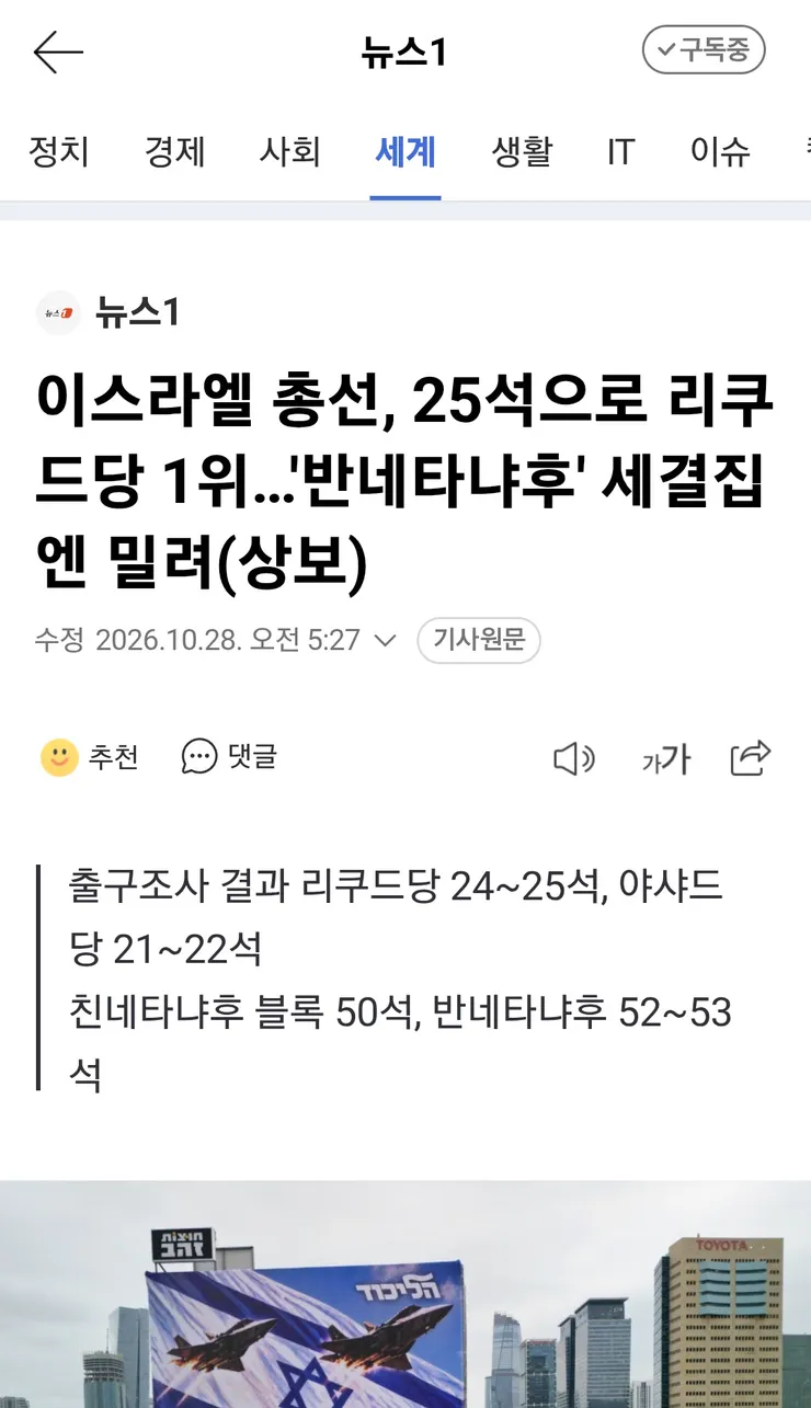 이스라엘 총선, 25석으로 리쿠드당 1위…'반네타냐후' 세결집엔 밀려 이미지 1