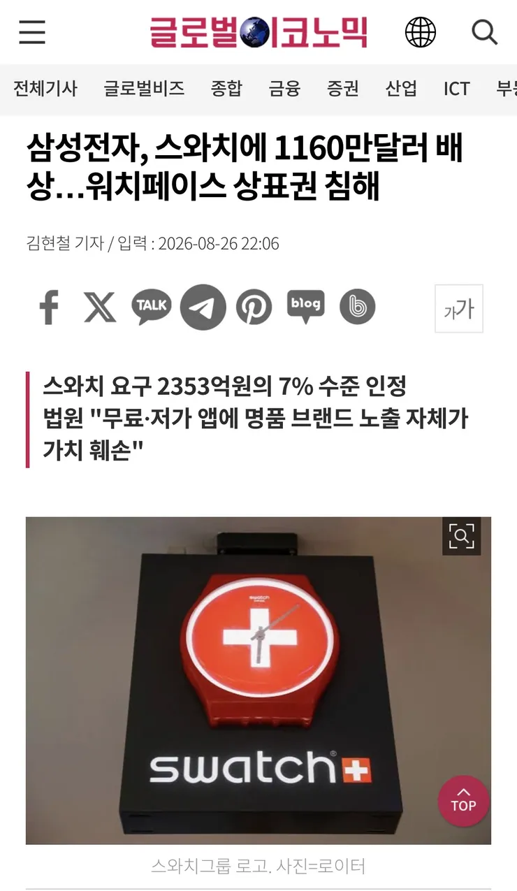 삼성전자, 스와치에 1160만달러 배상…워치페이스 상표권 침해 ▶ 이미지 1