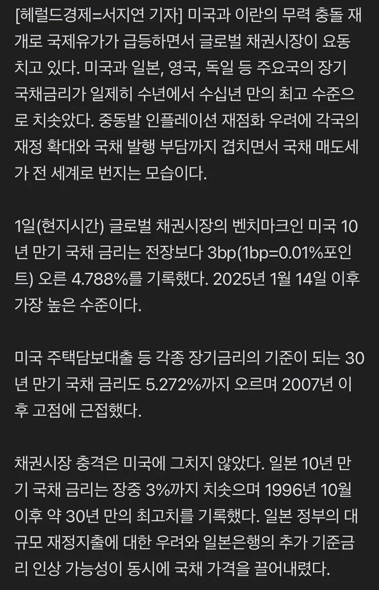 전세계 국채시장에 ‘매도 폭풍’…美·日·英·獨 금리 동반 급등 이미지 3