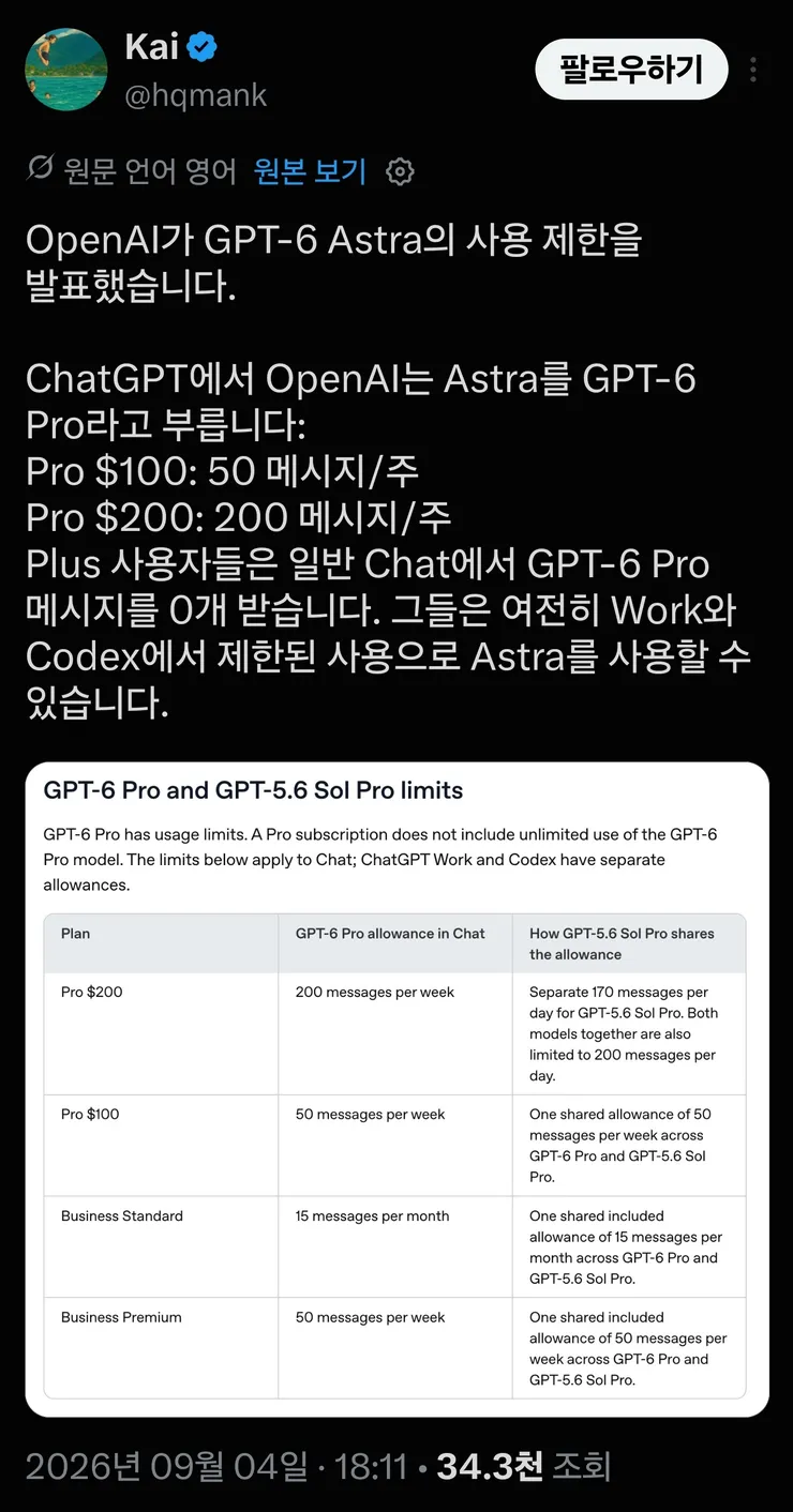 GPT-6 PRO 모델, 플랜별 갯수 제한 발표 이미지 1