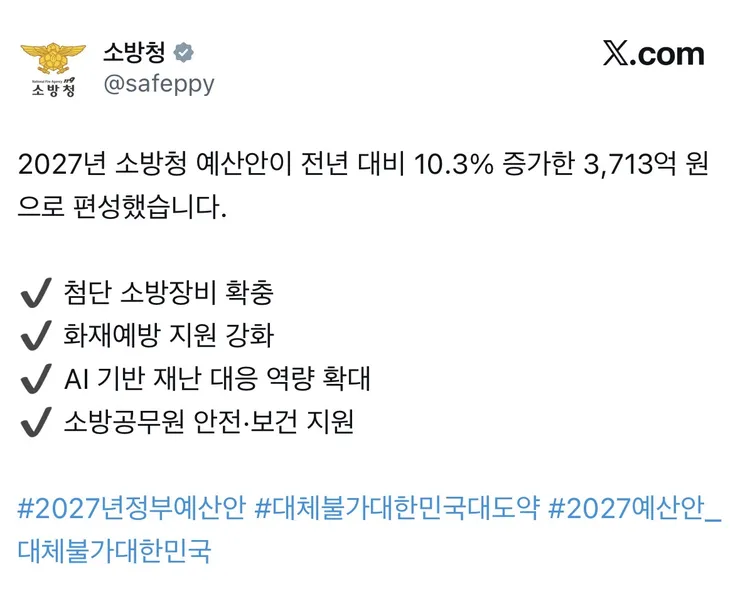 소방청 예산안 전년 대비 10.3% 증가한 3,713억 이미지 1